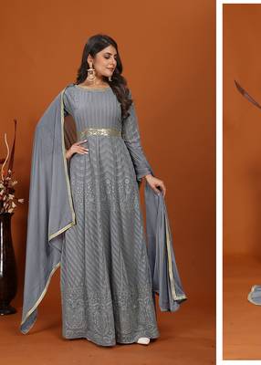 Faux georgette embroidered readymade gown in grey 3