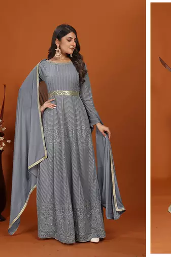 Faux georgette embroidered readymade gown in grey