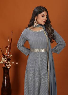 Faux georgette embroidered readymade gown in grey 4