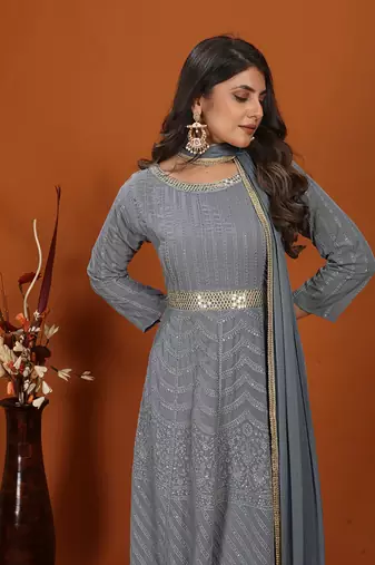 Faux georgette embroidered readymade gown in grey