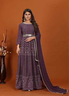 Faux georgette embroidered readymade gown in wine 1