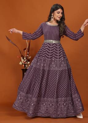 Faux georgette embroidered readymade gown in wine 2