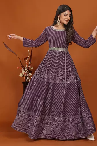 Faux georgette embroidered readymade gown in wine