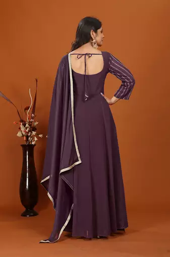 Faux georgette embroidered readymade gown in wine