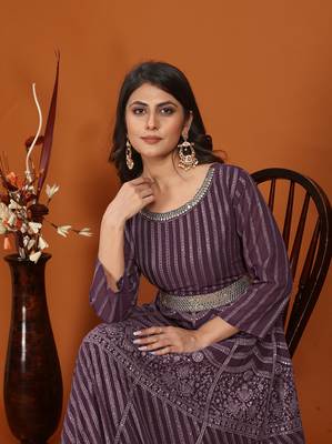 Faux georgette embroidered readymade gown in wine 4