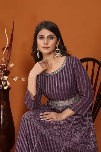 Faux georgette embroidered readymade gown in wine