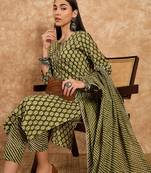 Green printed pure cotton straight kurti pant and dupatta set