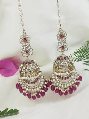 traditional kundan & pearl dangle jhumka earrings with attachable ear chain for women  1