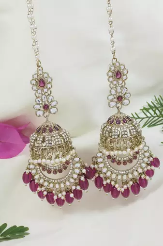 traditional kundan & pearl dangle jhumka earrings with attachable ear chain for women 