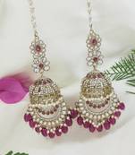 traditional kundan & pearl dangle jhumka earrings with attachable ear chain for women 