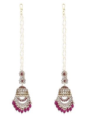 traditional kundan & pearl dangle jhumka earrings with attachable ear chain for women  2