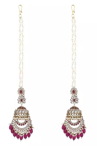 traditional kundan & pearl dangle jhumka earrings with attachable ear chain for women 