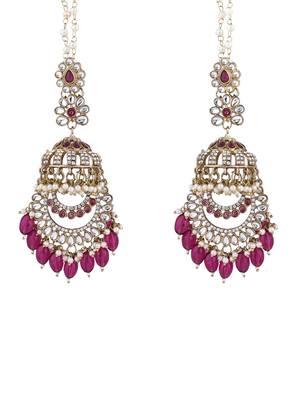 traditional kundan & pearl dangle jhumka earrings with attachable ear chain for women  3