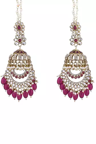 traditional kundan & pearl dangle jhumka earrings with attachable ear chain for women 