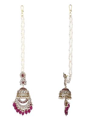 traditional kundan & pearl dangle jhumka earrings with attachable ear chain for women  4