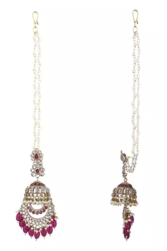 traditional kundan & pearl dangle jhumka earrings with attachable ear chain for women 