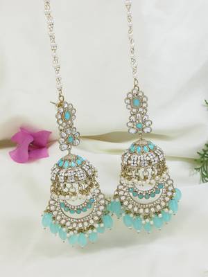 traditional kundan & pearl dangle jhumka earrings with attachable ear chain for women  1