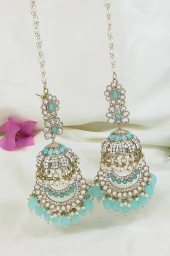 traditional kundan & pearl dangle jhumka earrings with attachable ear chain for women 