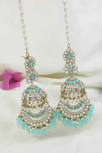 traditional kundan & pearl dangle jhumka earrings with attachable ear chain for women 