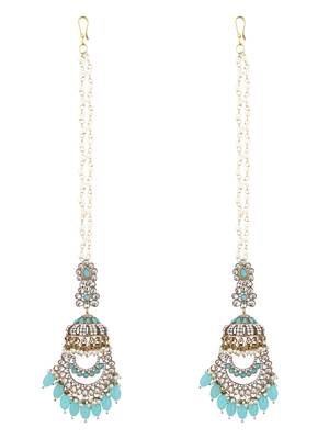 traditional kundan & pearl dangle jhumka earrings with attachable ear chain for women  2