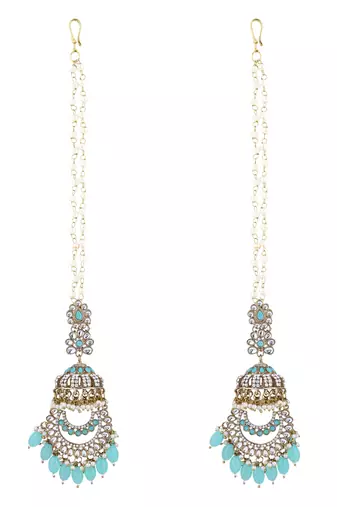 traditional kundan & pearl dangle jhumka earrings with attachable ear chain for women 