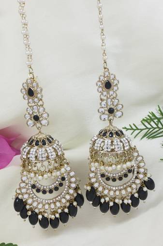 traditional kundan & pearl dangle jhumka earrings with attachable ear chain for women 