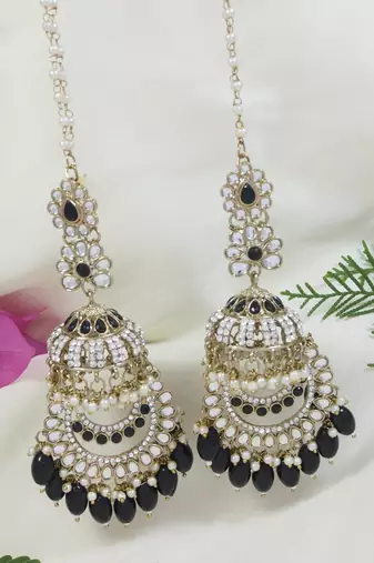 traditional kundan & pearl dangle jhumka earrings with attachable ear chain for women 
