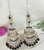 traditional kundan & pearl dangle jhumka earrings with attachable ear chain for women 
