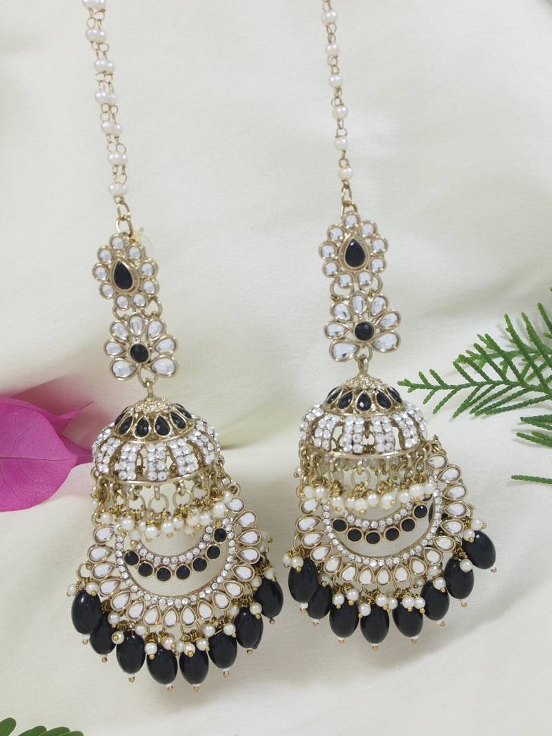 traditional kundan & pearl dangle jhumka earrings with attachable ear chain for women 