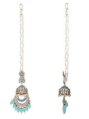 traditional kundan & pearl dangle jhumka earrings with attachable ear chain for women  3