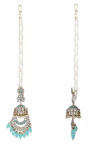 traditional kundan & pearl dangle jhumka earrings with attachable ear chain for women 