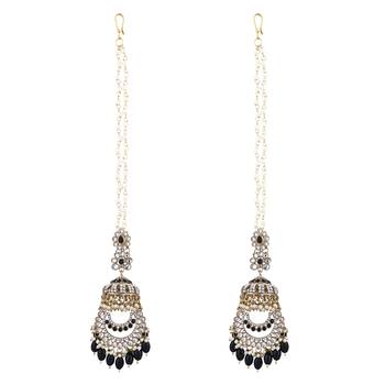 traditional kundan & pearl dangle jhumka earrings with attachable ear chain for women  2