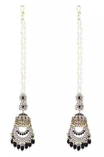 traditional kundan & pearl dangle jhumka earrings with attachable ear chain for women 