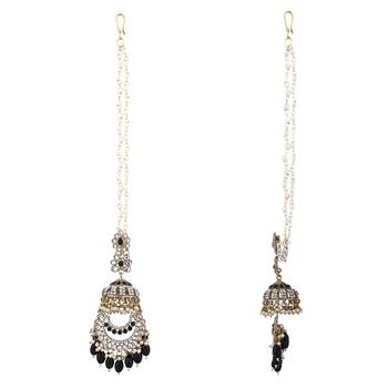 traditional kundan & pearl dangle jhumka earrings with attachable ear chain for women  3