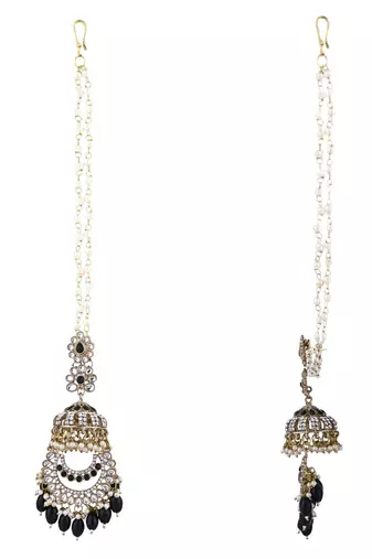 traditional kundan & pearl dangle jhumka earrings with attachable ear chain for women 