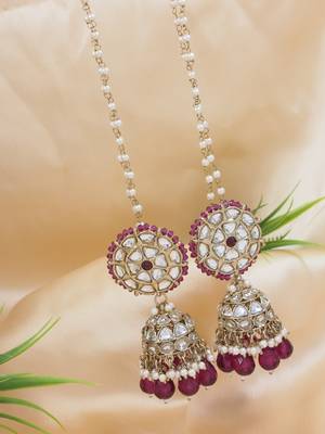 traditional kundan & pearl jhumka earrings with attachable ear chain for women  1