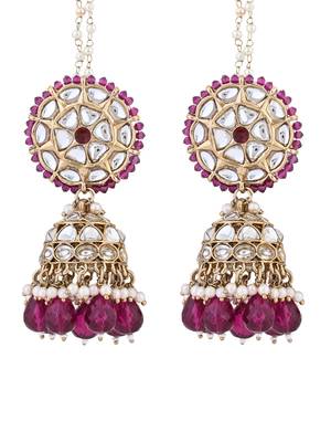 traditional kundan & pearl jhumka earrings with attachable ear chain for women  2