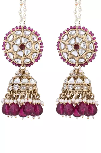traditional kundan & pearl jhumka earrings with attachable ear chain for women 