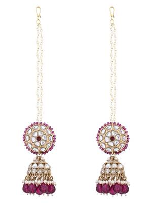 traditional kundan & pearl jhumka earrings with attachable ear chain for women  3