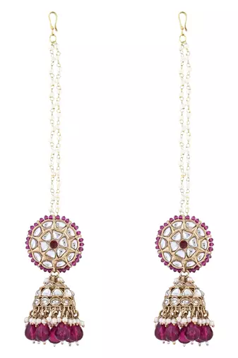 traditional kundan & pearl jhumka earrings with attachable ear chain for women 
