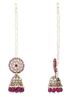 traditional kundan & pearl jhumka earrings with attachable ear chain for women  4