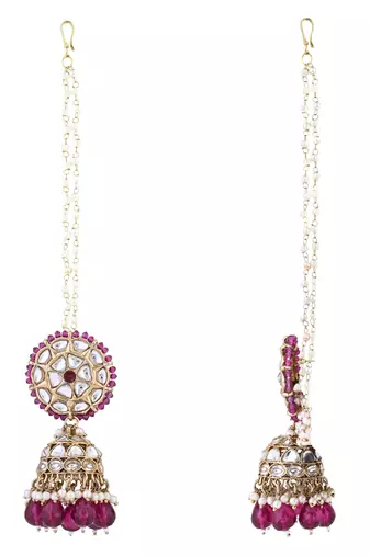 traditional kundan & pearl jhumka earrings with attachable ear chain for women 