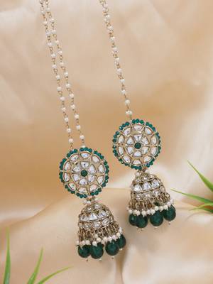 traditional kundan & pearl jhumka earrings with attachable ear chain for women  1