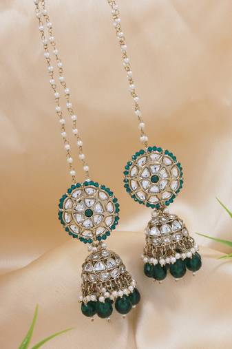 traditional kundan & pearl jhumka earrings with attachable ear chain for women 