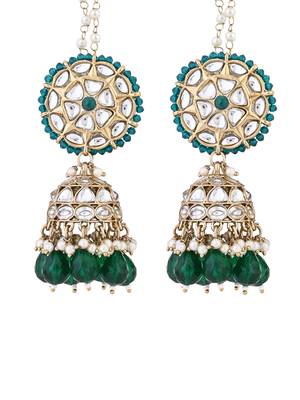 traditional kundan & pearl jhumka earrings with attachable ear chain for women  2