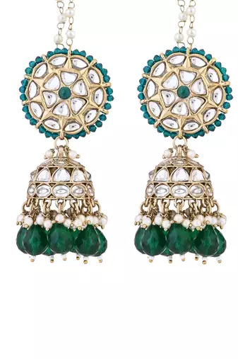 traditional kundan & pearl jhumka earrings with attachable ear chain for women 
