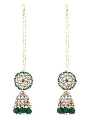 traditional kundan & pearl jhumka earrings with attachable ear chain for women  3