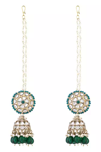 traditional kundan & pearl jhumka earrings with attachable ear chain for women 