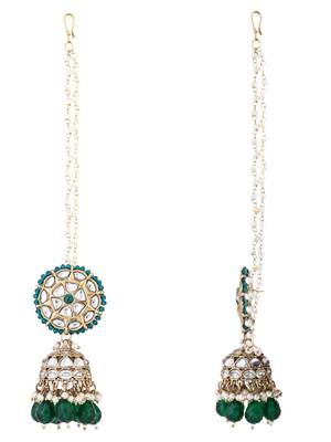 traditional kundan & pearl jhumka earrings with attachable ear chain for women  4