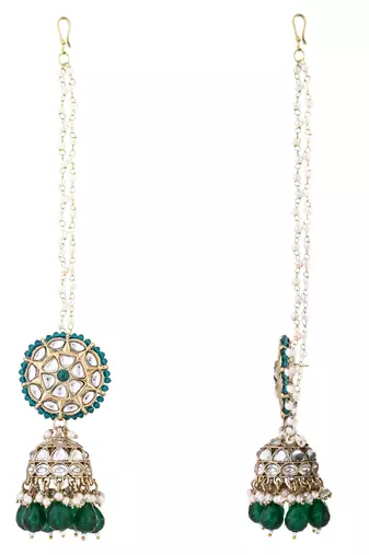 traditional kundan & pearl jhumka earrings with attachable ear chain for women 